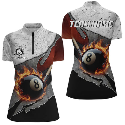 Personalized Grey Grunge Fire 8 Ball Pool  Billiard Women Shirts Custom Pool Player Shirts TDM1567