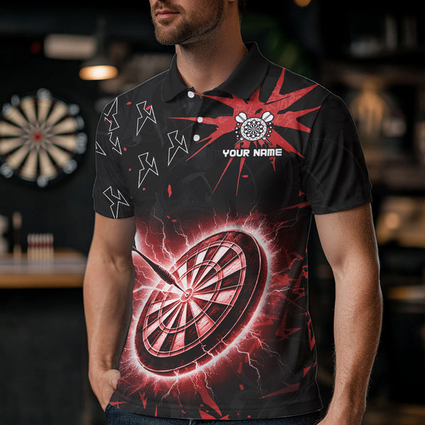 Custom Dart Jerseys For Men, Black And Red Dartboard Thunder Lightning Darts Shirts Polo & 1/4 Zip TDM3666