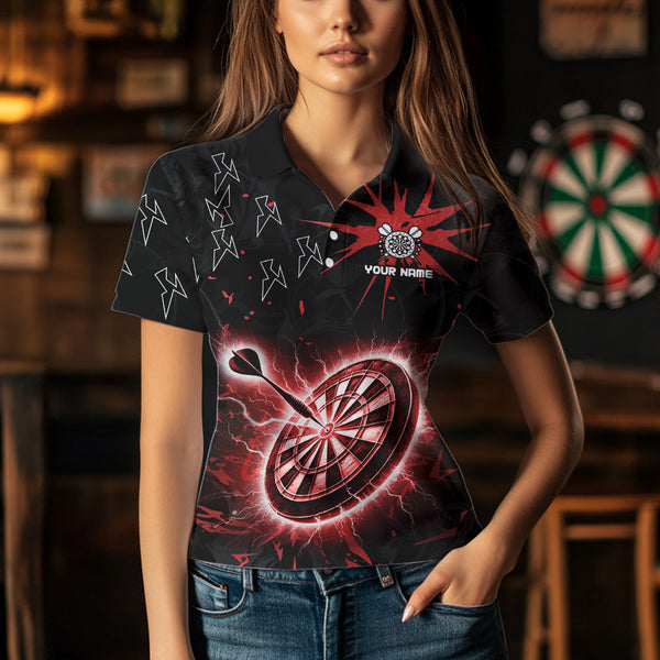 Custom Dart Jerseys For Women, Black And Red Dartboard Thunder Lightning Darts Shirts Polo & 1/4 Zip TDM3666