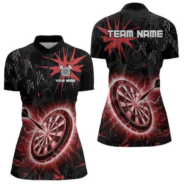 Custom Dart Jerseys For Women, Black And Red Dartboard Thunder Lightning Darts Shirts Polo & 1/4 Zip TDM3666