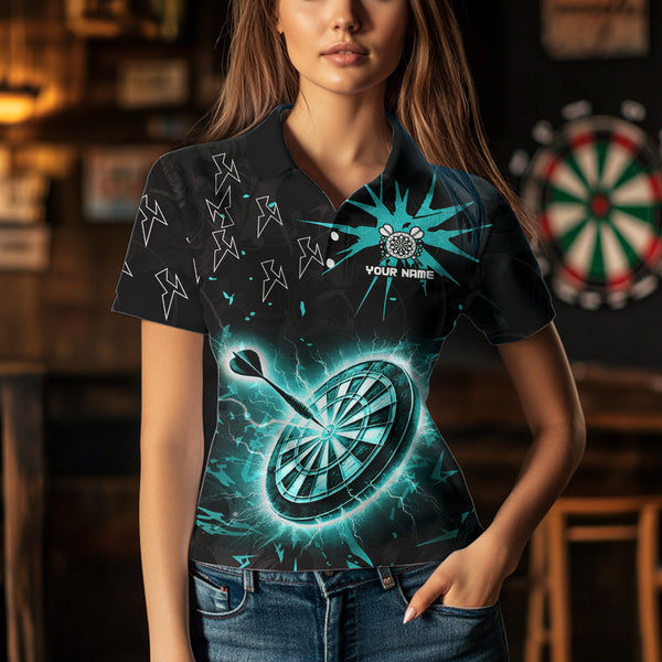 Custom Dart Jerseys For Women, Black And Turquoise Dartboard Thunder Lightning Darts Polo & 1/4 Zip TDM3667