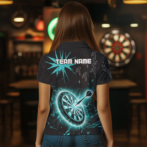 Custom Dart Jerseys For Women, Black And Turquoise Dartboard Thunder Lightning Darts Polo & 1/4 Zip TDM3667