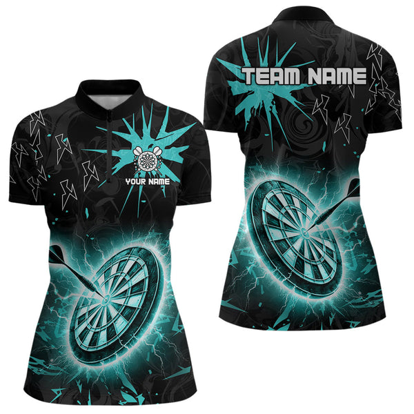 Custom Dart Jerseys For Women, Black And Turquoise Dartboard Thunder Lightning Darts Polo & 1/4 Zip TDM3667