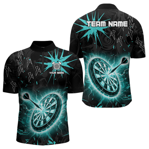 Custom Dart Jerseys For Men, Black And Turquoise Dartboard Thunder Lightning Darts Polo & 1/4 Zip TDM3667