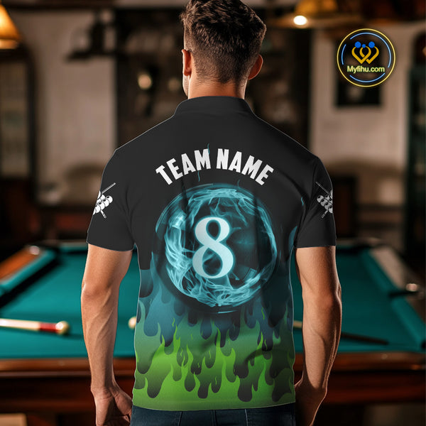 Green And Blue Flaming 8 Ball Pool Men Billiard Polo & 1/4 Zip Custom Pool Team Player Jersey TDM3828