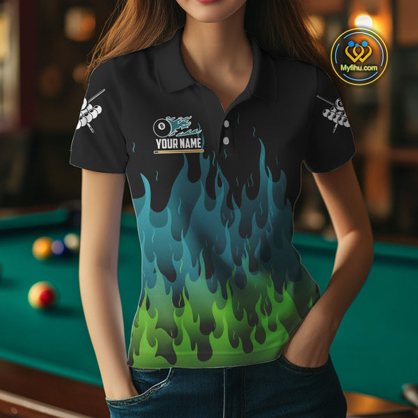 Green And Blue Flaming 8 Ball Pool Women Billiard Polo & 1/4 Zip Custom Pool Team Player Jersey TDM3828