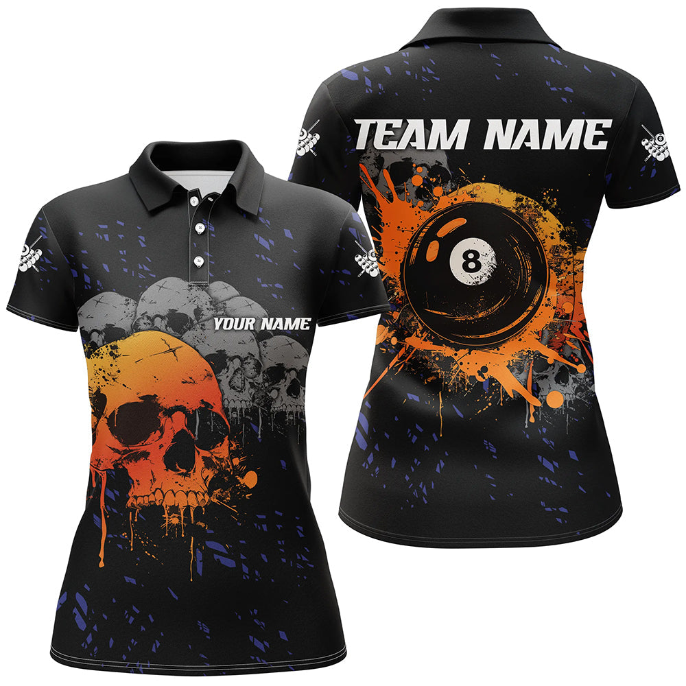 Custom Grunge Orange Skull 8 Ball Pool Women Billiard Polo & Quarter-Zip Shirts, Pool Player Shirts TDM1733