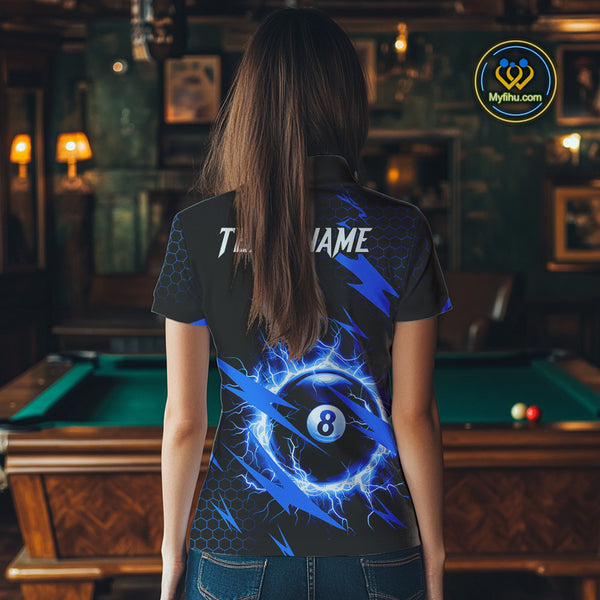 Blue 8 Ball Pool Thunder Lightning Storm Women's Billiard Shirt Custom Billiard Jersey Polo & 1/4 Zip TDM3832