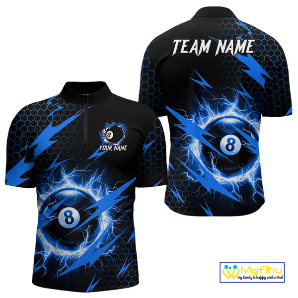 Blue 8 Ball Pool Thunder Lightning Storm Men's Billiard Shirt Custom Billiard Jersey Polo & 1/4 Zip TDM3832