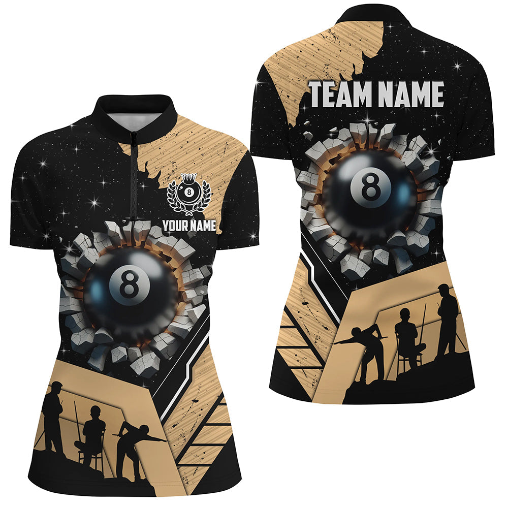 Gold Funny 8 Ball Pool Crack Women Quarter-Zip Shirts Custom Team League Billiard Jersey TDM1381