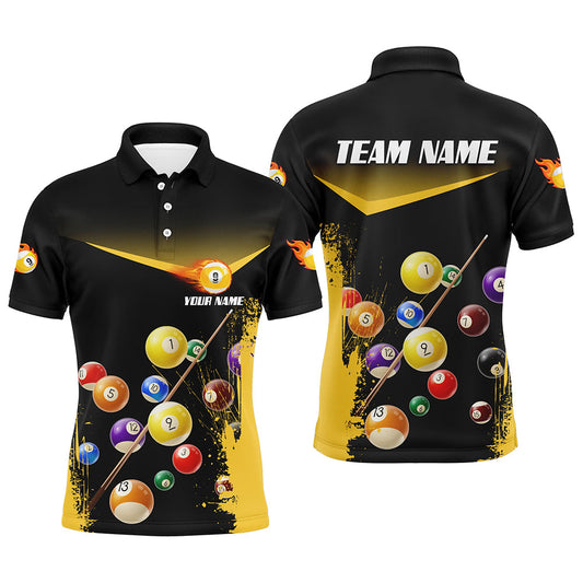 Custom Grunge Yellow 9 Ball Pool Men Polo Shirts Personalized Name 3D Billiard Shirts For Pooler TDM0304