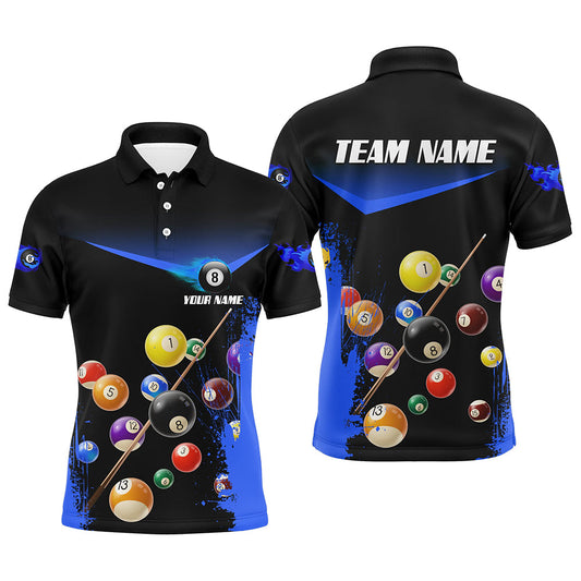 Custom Grunge Blue 8 Ball Pool Men Polo Shirts Personalized Name 3D Billiard Shirts For Pooler TDM0305