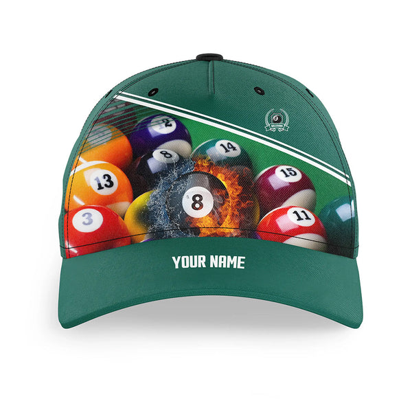 Custom Name Billiard 8 Ball In Fire And Water 3D Billiard Caps For Men Women, Hats Gifts For Billiard Player TDM0490