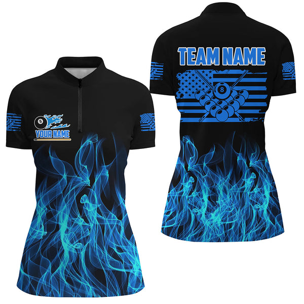 3D Blue Flaming American Flag Women Billiard Shirt Custom Patriotic Pool Player Shirt Billiard Jersey TDM3162