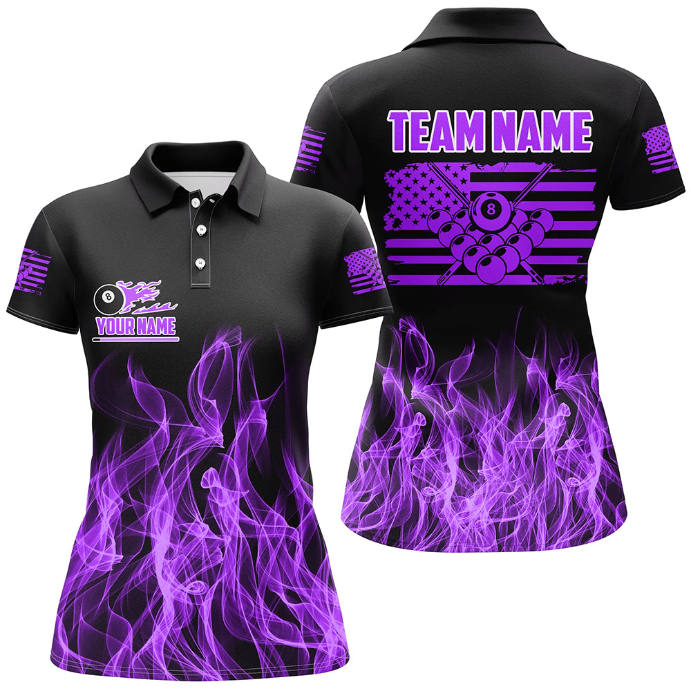 3D Purple Flaming American Flag Women Billiard Shirt Custom Patriotic Pool Player Billiard Jersey TDM3164