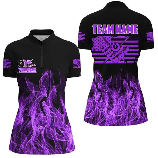 3D Purple Flaming American Flag Women Billiard Shirt Custom Patriotic Pool Player Billiard Jersey TDM3164