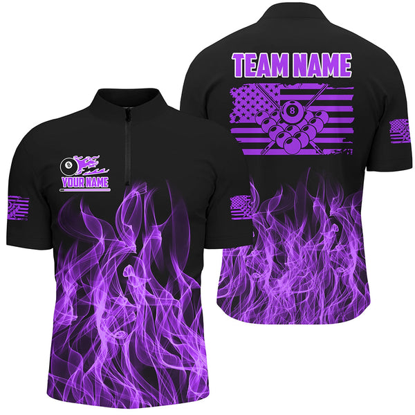 3D Purple Flaming American Flag Men Billiard Shirt Custom Patriotic Pool Player Billiard Jersey TDM3164