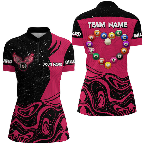 Personalized Funny Billiard Balls Heart Custom Women Polo & Quarter-Zip Shirts, Pink Billiard Jerseys TDM1767