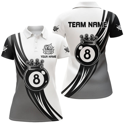 Personalized Black White 8 Ball Pool Crown Women Billiard Shirts, Best Billiard 8 Ball Team Jerseys TDM1772