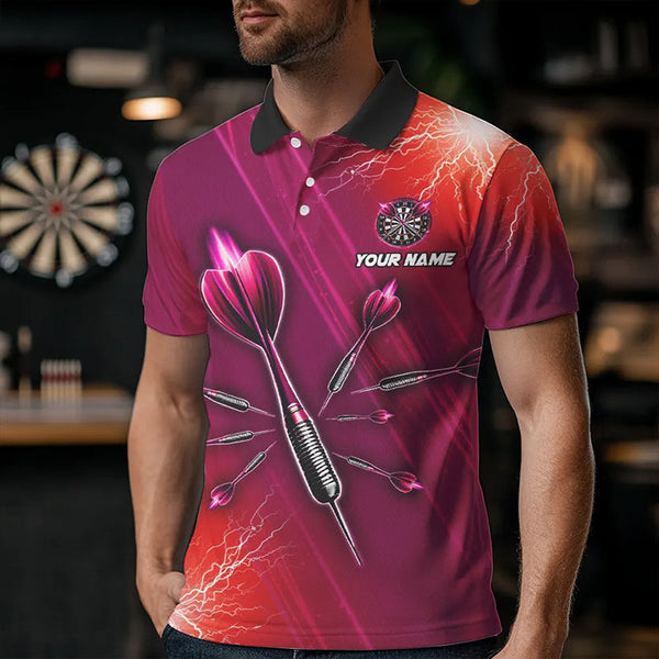 Red Thunder Lightning Light Darts Polo & Quarter Zip Custom Darts Shirts For Men Darts Jerseys TDM3392
