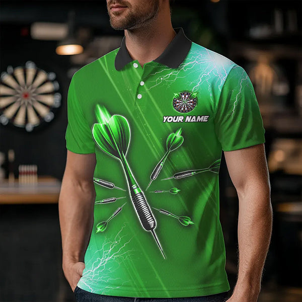Green Thunder Lightning Light Darts Polo & Quarter Zip Custom Darts Shirts For Men Darts Jerseys TDM3393