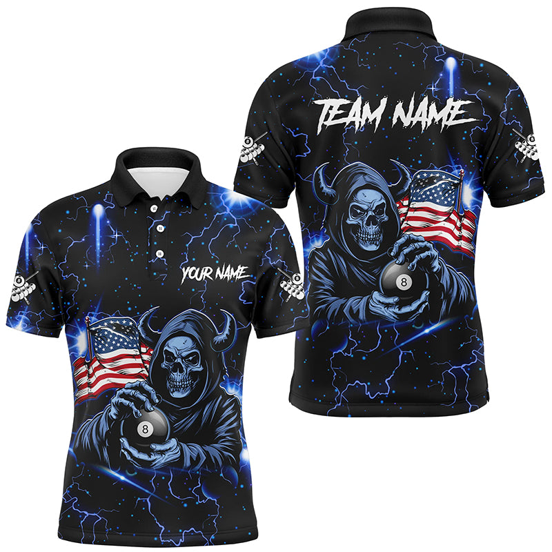 Blue Skull Thunder Lightning US Flag Custom Men Billiard Shirts, Patriotic Billiard Team Jerseys TDM1973