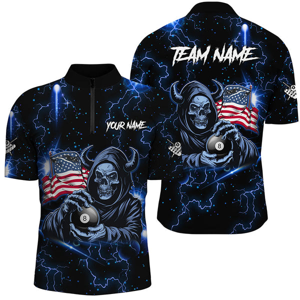 Blue Skull Thunder Lightning US Flag Custom Men Billiard Shirts, Patriotic Billiard Team Jerseys TDM1973