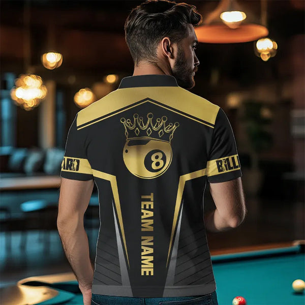 Customized 8 Ball Pool Crown Men Billiard Shirts, Gold And Black Billiard Team Shirts Pool Jerseys TDM3689