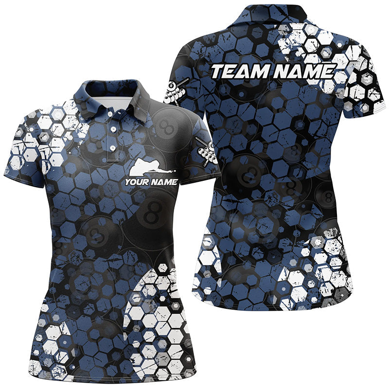 Personalized Blue And White Hive Billiard Shirts For Women Custom Grunge Retro Billiard Jerseys TDM1592