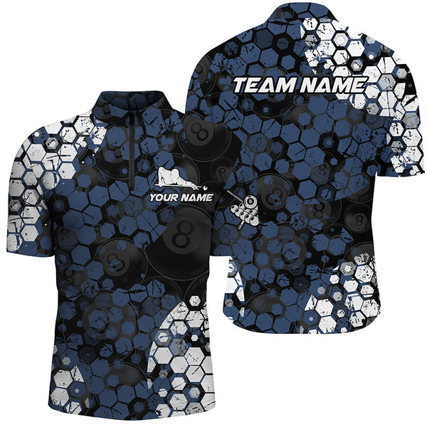 Personalized Blue And White Hive Billiard Shirts For Men Custom Grunge Retro Billiard Jerseys TDM1592