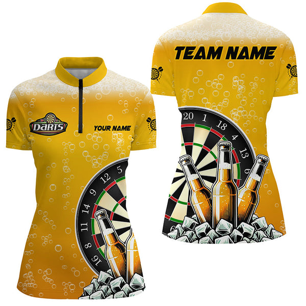 Personalized Yellow Darts And Beer Polo & Quarter-Zip Shirts For Women Custom Drinking Darts Shirts TDM1982