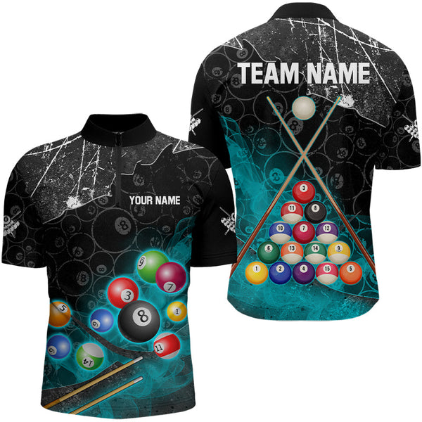 Personalized 8 Ball Pattern Smoke Men Billiard Shirts Custom Billiard Ball Pool Jerseys | Turquoise TDM3191