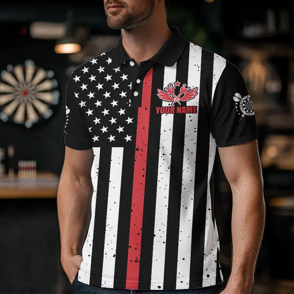 Personalized American Flag Grunge Skull Dart Shirts For Men Custom Patriotic Darts Jerseys | Red TDM3400