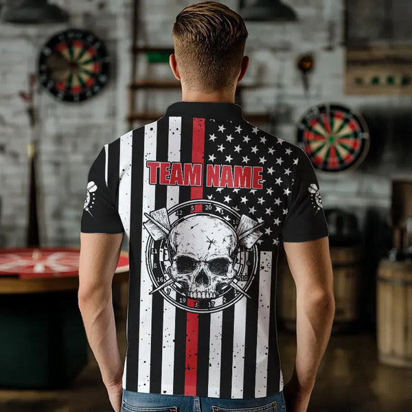 Personalized American Flag Grunge Skull Dart Shirts For Men Custom Patriotic Darts Jerseys | Red TDM3400