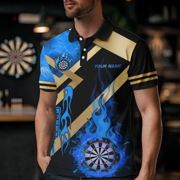 Personalized Gold And Blue Dartboard Fire Flame Custom Darts Shirts For Men, Darts Team Jerseys TDM3401