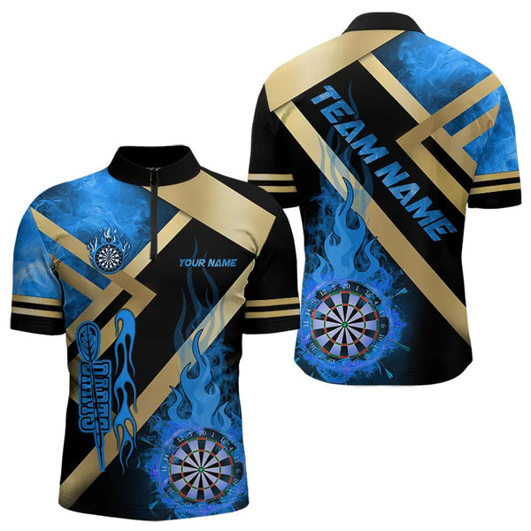 Personalized Gold And Blue Dartboard Fire Flame Custom Darts Shirts For Men, Darts Team Jerseys TDM3401