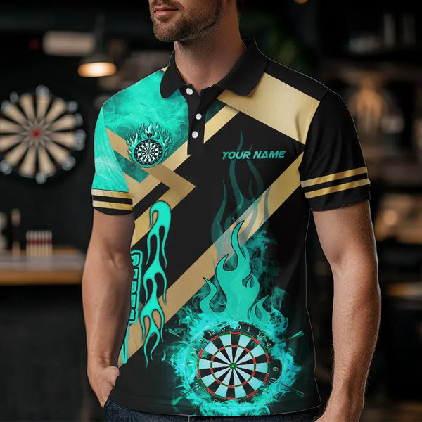 Personalized Gold And Turquoise Dartboard Fire Flame Custom Dart Shirts For Men, Darts Team Jerseys TDM3402