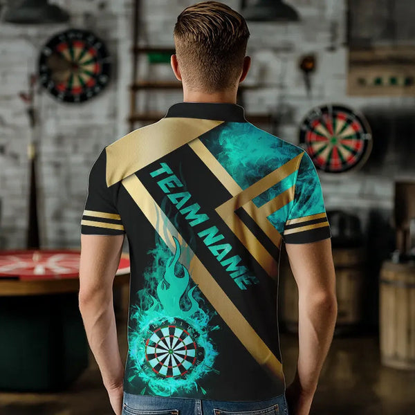 Personalized Gold And Turquoise Dartboard Fire Flame Custom Dart Shirts For Men, Darts Team Jerseys TDM3402
