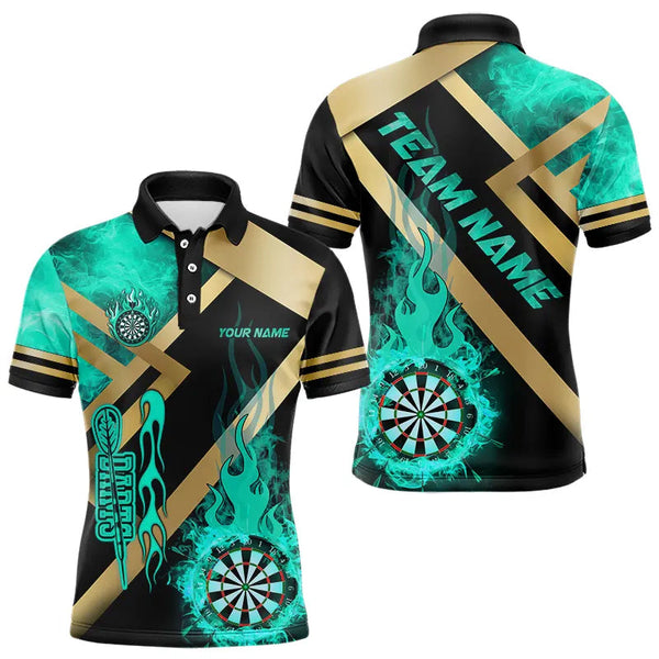 Personalized Gold And Turquoise Dartboard Fire Flame Custom Dart Shirts For Men, Darts Team Jerseys TDM3402