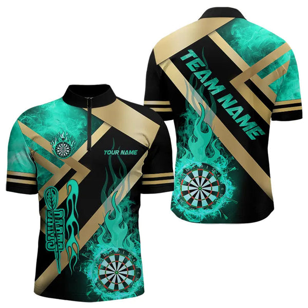 Personalized Gold And Turquoise Dartboard Fire Flame Custom Dart Shirts For Men, Darts Team Jerseys TDM3402