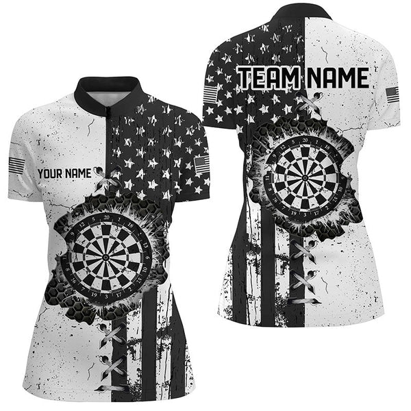 Personalized Black White Grunge US Flag Darts Shirts For Women Custom Patriotic Retro Darts Jerseys TDM1986
