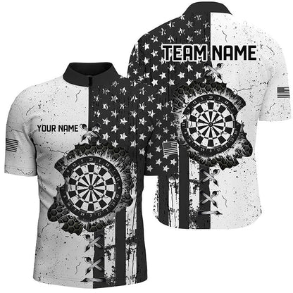 Personalized Black White Grunge US Flag Darts Shirts For Men Custom Patriotic Retro Darts Jerseys TDM1986