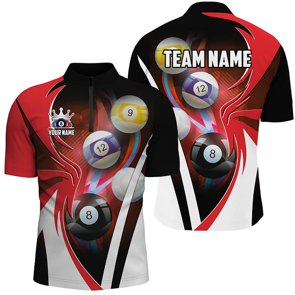 Personalized Billiard Tournament Shirts For Men Custom Team Name Billiard Balls Pool Jerseys | Red TDM2469