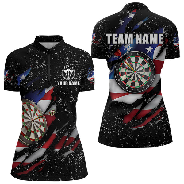American Flag Black Grunge Dart Polo & Quarter Zip Shirts Custom Patriotic Dart Shirts For Women TDM3211
