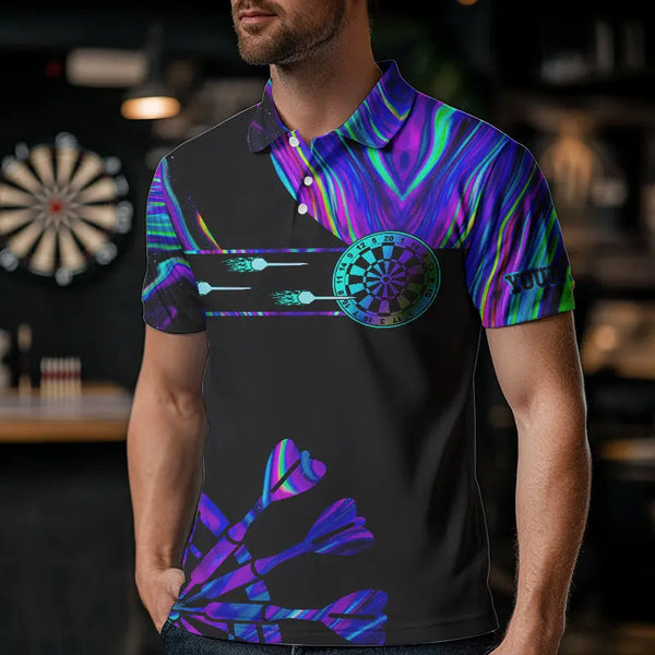 Neon Purple Blue Darts Tie Dye Polo & Quarter Zip Custom Dart Shirts For Men Glowing Dart Jerseys TDM3559