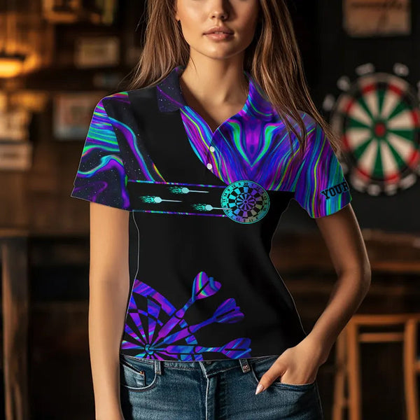 Neon Purple Blue Darts Tie Dye Polo & Quarter Zip Custom Dart Shirts For Women Glowing Dart Jerseys TDM3559