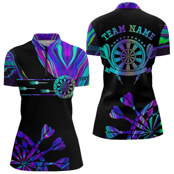 Neon Purple Blue Darts Tie Dye Polo & Quarter Zip Custom Dart Shirts For Women Glowing Dart Jerseys TDM3559
