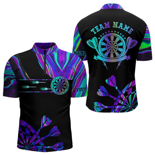 Neon Purple Blue Darts Tie Dye Polo & Quarter Zip Custom Dart Shirts For Men Glowing Dart Jerseys TDM3559