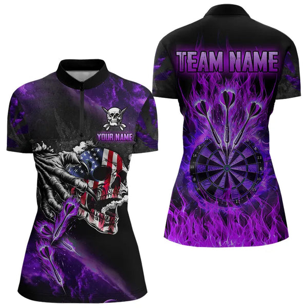 Fire Flame Darts Board American Flag Skull Dart Shirts For Women Custom Darts Team Jerseys |Purple TDM2982
