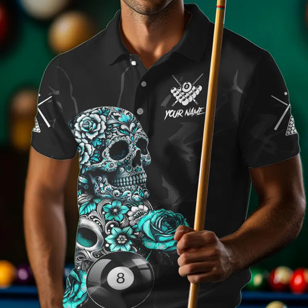Personalized Funny Turquoise Skull Roses 8 Ball Billiard Shirts For Men Custom Pool Team Shirts TDM3728